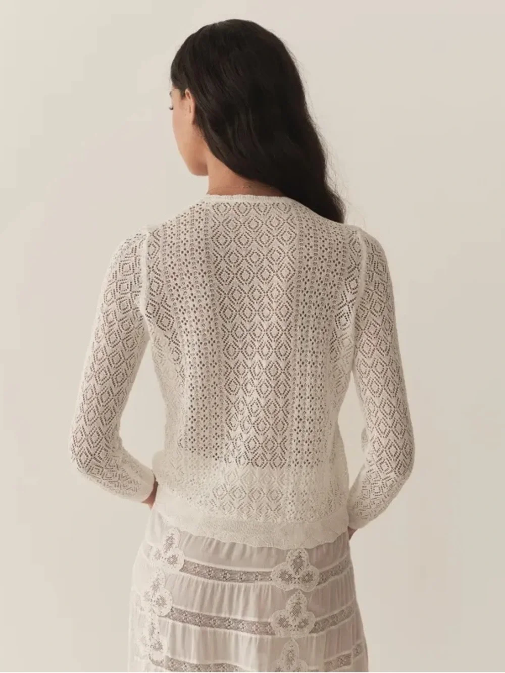 Doen Diane Pointelle Lace Crochet Button Knit Cardigan Sweater Top Ivory White